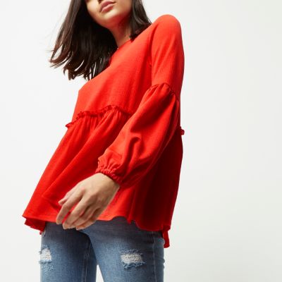 Red bell sleeve smock top